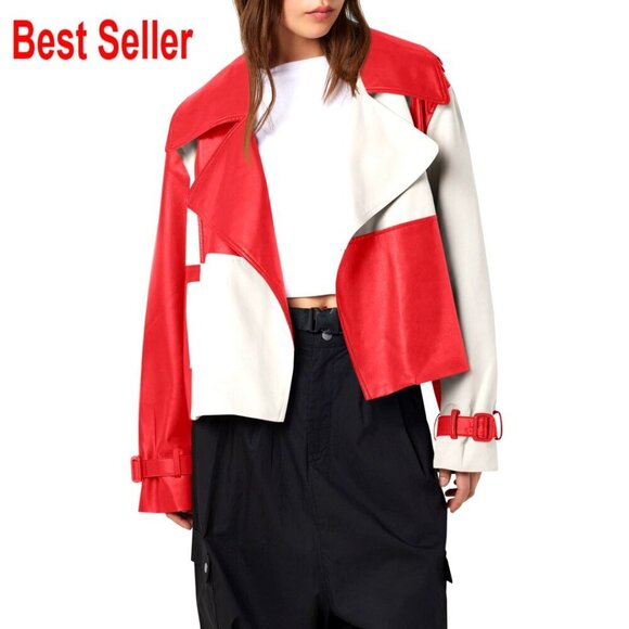 Jackets & Blazers - Oversized Cropped Leather Jacket with Color Block Design, Side Pockets